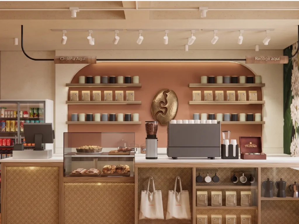 Tienda de café con estantería de productos Café Guajiro
